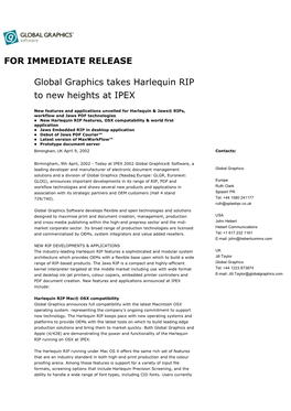 FOR IMMEDIATE RELEASE Global Graphics Takes Harlequin RIP To