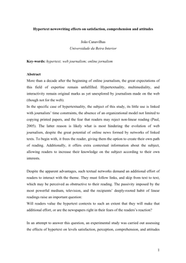 Hypertext Newswriting Effects on Satisfaction, Comprehension and Attitudes João Canavilhas Universidade Da Beira Interior Key-W