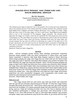 Analisis Biaya Produksi Nasi Jinggo Kubu Sari, Banjar Gerenceng, Denpasar