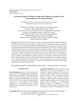 Assessing the Impacts of Climate Change in the Malaysian Agriculture Sector and Its Influences in Investment Decision