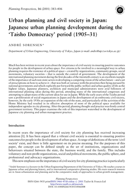 Urban Planning and Civil Society in Japan: Japanese Urban Planning Development During the ‘Taisho Democracy’ Period (1905–31)