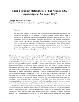 Socio-Ecological Metabolisms of Eko Atlantic City, Lagos, Nigeria: an Unjust City?