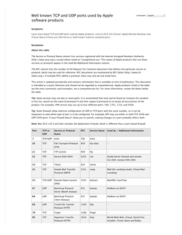 Well Known TCP and UDP Ports Used by Apple Software Products