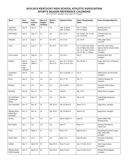 2018-2019 KENTUCKY HIGH SCHOOL ATHLETIC ASSOCIATION SPORTS SEASON REFERENCE CALENDAR (As of 3/19/19 - Tentative and Subject to Change)