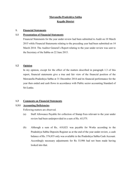 Mawanella Pradeshiya Sabha Kegalle District 1. Financial Statements 1.1