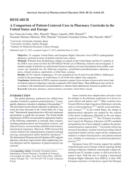 A Comparison of Patient-Centered Care in Pharmacy Curricula in the United States and Europe