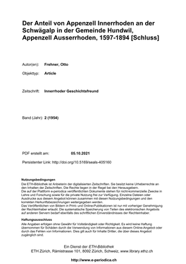 Der Anteil Von Appenzell Innerrhoden an Der Schwägalp in Der Gemeinde Hundwil, Appenzell Ausserrhoden, 1597-1894 [Schluss]