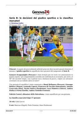 Serie B: Le Decisioni Del Giudice Sportivo E La Classifica