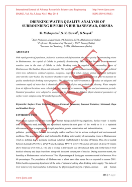 Drinking Water Quality Analysis of Surrounding Rivers in Bhubaneswar, Odisha