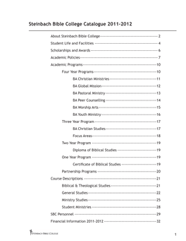 Steinbach Bible College Catalogue 2011-2012