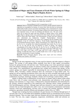 Assessment of Major and Trace Elements of Fresh Water Springs in Village Pepaj, Rugova Region, Kosova