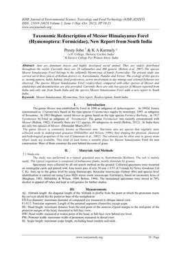 Taxonomy and Ecology of Messor Himalayanus Forel (Hymenoptera: Formicidae)