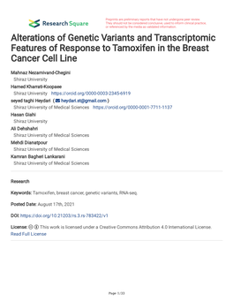 Alterations of Genetic Variants and Transcriptomic Features of Response to Tamoxifen in the Breast Cancer Cell Line