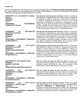 Lista No. 45 NOTIFICACIONES POR LISTA QUE SE FIJA a LAS NUEVE