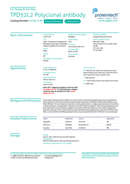 TPD52L2 Polyclonal Antibody Catalog Number:11795-1-AP Featured Product 4 Publications