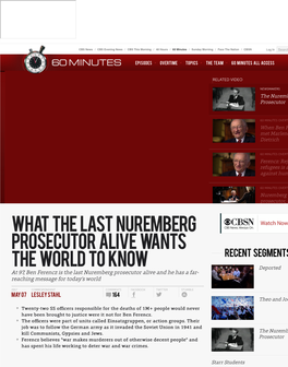 Recent Segments the World to Know Deported at 97, Ben Ferencz Is the Last Nuremberg Prosecutor Alive and He Has a Far- Reaching Message for Today’S World