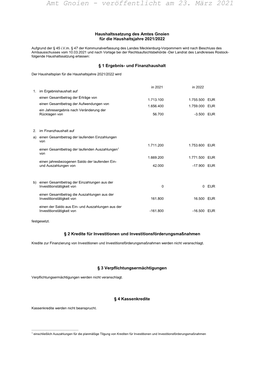 Haushaltssatzung Des Amtes Gnoien Für Die Haushaltsjahre 2021/2022