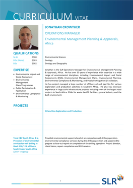 CURRICULUM VITAE JONATHAN CROWTHER OPERATIONS MANAGER Environmental Management Planning & Approvals, Africa