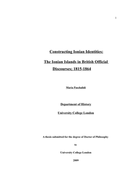 The Ionian Islands in British Official Discourses; 1815-1864