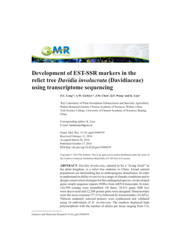 Development of EST-SSR Markers in the Relict Tree Davidia Involucrata (Davidiaceae) Using Transcriptome Sequencing