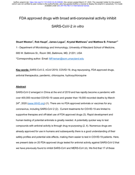 FDA Approved Drugs with Broad Anti-Coronaviral Activity Inhibit SARS-Cov-2 in Vitro