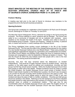 Draft Minutes of the Meeting of the General Synod of the Scottish Episcopal Church Held at St Paul's and St George's Church, Edinburgh from 12–14 June 2014