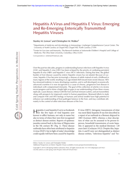 Hepatitis a Virus and Hepatitis E Virus: Emerging and Re-Emerging Enterically Transmitted Hepatitis Viruses