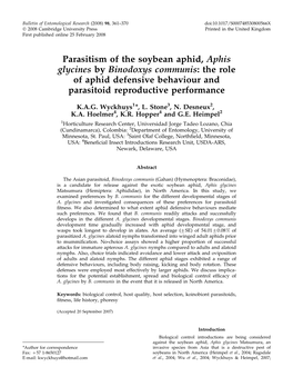 Parasitism of the Soybean Aphid, Aphis Glycines by Binodoxys Communis: the Role of Aphid Defensive Behaviour and Parasitoid Reproductive Performance