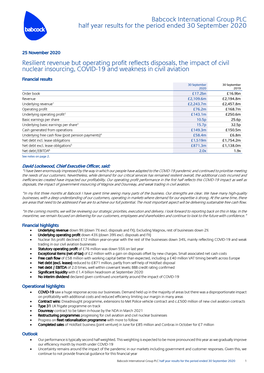 Babcock International Group PLC Half Year Results for the Period Ended 30 September 2020