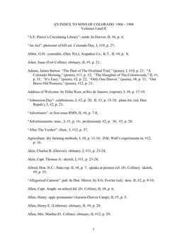 AN INDEX to SONS of COLORADO 1906 - 1908 Volumes I and II