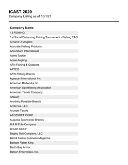 ICAST 2020 Company Listing As of 10/1/21