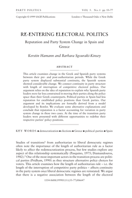 RE-ENTERING ELECTORAL POLITICS: Reputation and Party System Change in Spain and Greece