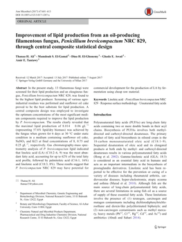 Improvement of Lipid Production from an Oil-Producing Filamentous Fungus, Penicillium Brevicompactum NRC 829, Through Central Composite Statistical Design