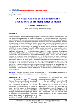 A Critical Analysis of Immanuel Kant's Groundwork of the Metaphysics Of
