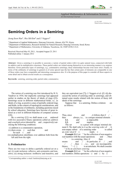 Semiring Orders in a Semiring -.:: Natural Sciences Publishing