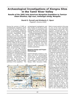 Archaeological Investigations of Xiongnu Sites in the Tamir River