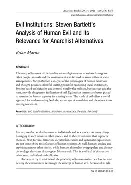 Evil Institutions: Steven Bartlett’S Analysis of Human Evil and Its Relevance for Anarchist Alternatives