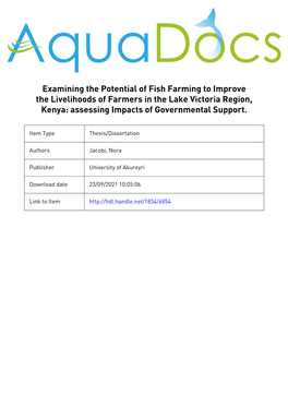 Examining the Potential of Fish Farming to Improve the Livelihoods of Farmers in the Lake Victoria Region, Kenya: Assessing Impacts of Governmental Support