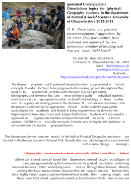 Potential Undergraduate Dissertations Topics for [Physical] Geography Students in the Department of Natural & Social Sciences University of Gloucestershire 2012-2013