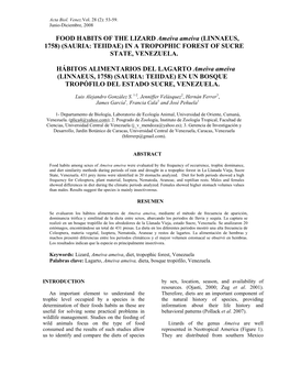 FOOD HABITS of the LIZARD Ameiva Ameiva (LINNAEUS, 1758) (SAURIA: TEIIDAE) in a TROPOPHIC FOREST of SUCRE STATE, VENEZUELA