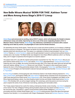 New Bebe Winans Musical 'BORN for THIS', Kathleen Turner and More Among Arena Stage's 2016-17 Lineup