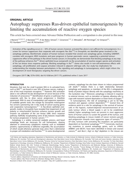 Autophagy Suppresses Ras-Driven Epithelial Tumourigenesis by Limiting the Accumulation of Reactive Oxygen Species