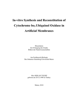 In-Vitro Synthesis and Reconstitution of Cytochrome Bo3 Ubiquinol Oxidase in Artificial Membranes