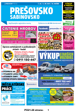 SABINOVSKO VIZITKY Najčítanejšie Regionálne Noviny Týždenne Do 48 090 Domácností 0905 719 145 Presovsko.Sk