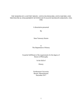 The Making of a Leftist Milieu: Anti-Colonialism, Anti-Fascism, and the Political Engagement of Intellectuals in Mandate Lebanon, 1920- 1948