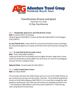 Transpyrenees (France and Spain) September 9-19, 2018 11 Day Trip Itinerary