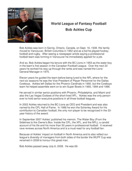World League of Fantasy Football Bob Ackles