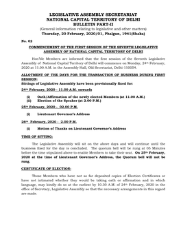 Legislative Assembly Secretariat National Capital Territory of Delhi Bulletin Part-Ii