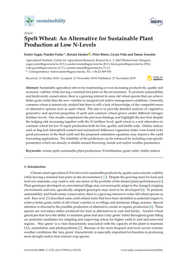 Spelt Wheat: an Alternative for Sustainable Plant Production at Low N-Levels