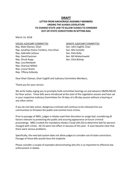 Letter from Anchorage Assembly Members Urging the Alaska Legislature to Change State Law to Allow Judges to Consider Out-Of-State Convictions in Setting Bail